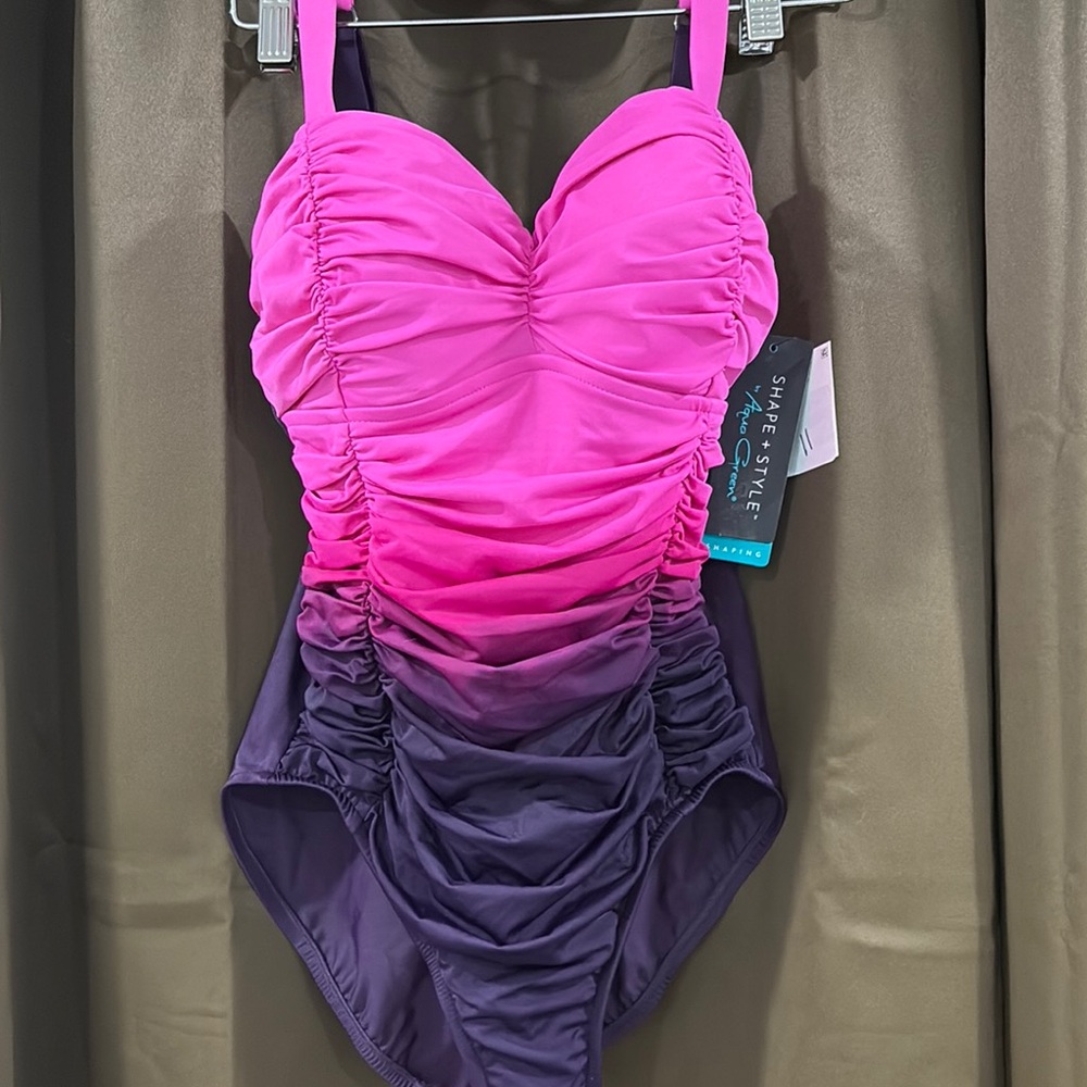 Shape + Style Pink and Purple One Piece Swimsuit with Ruching